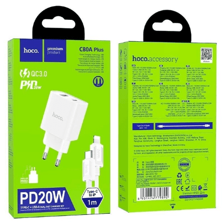 Мережевий Зарядний Пристрій Hoco C80A Plus PD20w + QC3.0 USB-C to Lightning