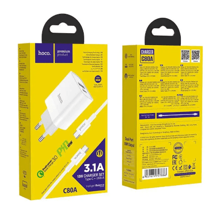 Мережевий Зарядний Пристрій Hoco C80A Plus PD20w + QC3.0 USB-C to Type-C