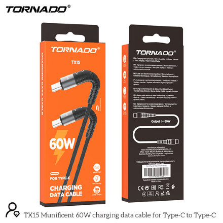 USB Cable TORNADO TX15 Тканевая Оплётка Type-C to Type-C 60W/1m